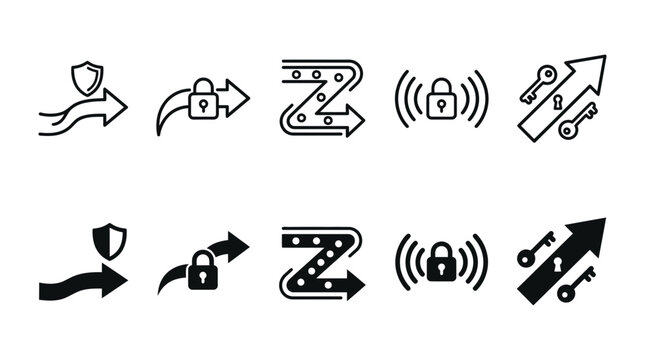 Digital data security and secure transmission icons featuring shields keys and signal encryption security encryption