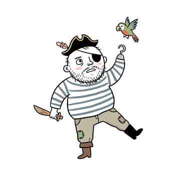 Funny pirate character with hook hand and wooden sword illustration.