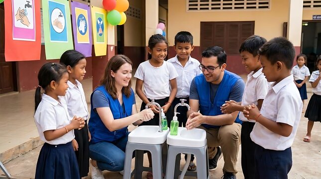 Adults demonstrate handwashing to children in an outdoor classroom setting