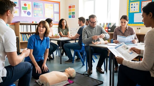 Adults learning cardiopulmonary resuscitation techniques in a classroom setting