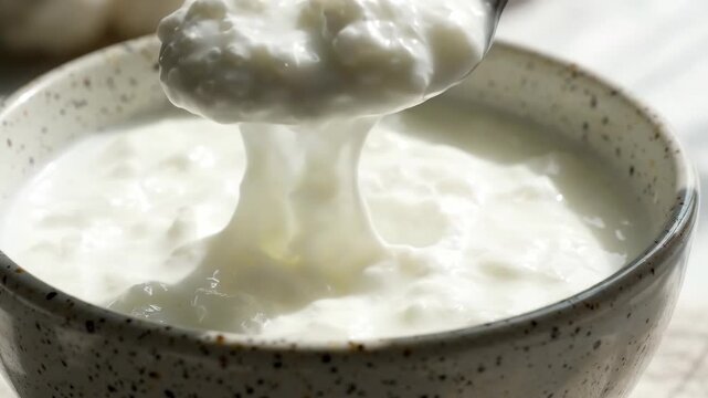 Creamy yogurt in ceramic bowl with spoon, fresh dairy product close up, healthy breakfast or snack option with smooth texture natural light reflection