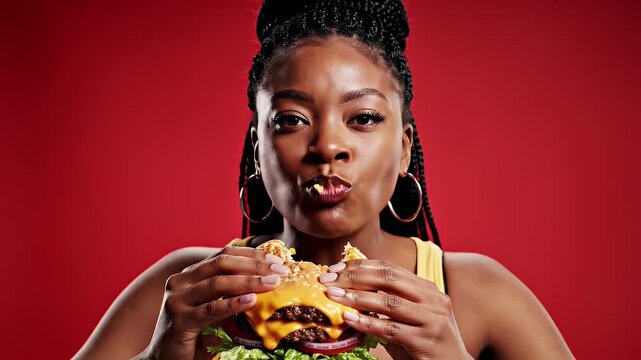 Woman Eating Cheeseburger - A close-up shot of a young Black woman with braided hair taking a large bite out of a double cheeseburger.
