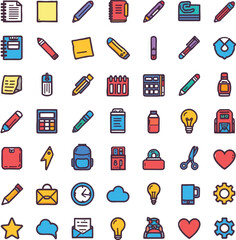 Fototapeta premium Stationery and Office Supplies Flat Icon Set – Colorful School and Business Tools Vector Collection