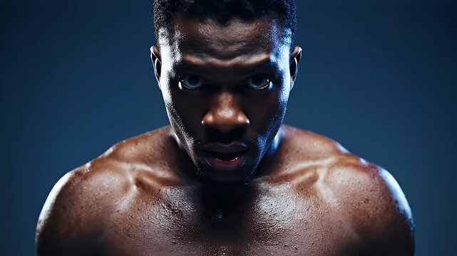 Intense Athlete Close-Up Portrait - A man with a dark complexion, his face and upper body glistening with sweat, stares intensely into the camera.