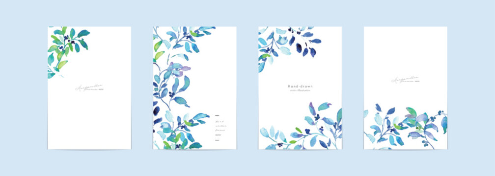水彩ブルーリーフのボタニカルフレームセット 背景素材Watercolor Blue Botanical Frame Set Collection