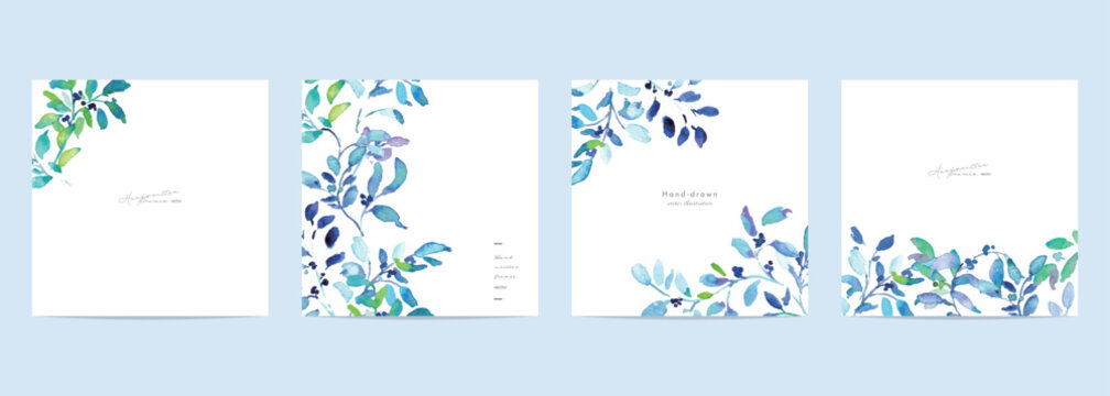 水彩ブルーリーフのボタニカルフレームセット 背景素材Watercolor Blue Botanical Frame Set Collection