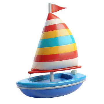 A colorful striped toy sailboat isolated on a white background.