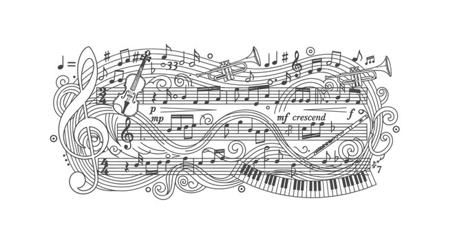Intricate black and white musical notes and piano illustration.
