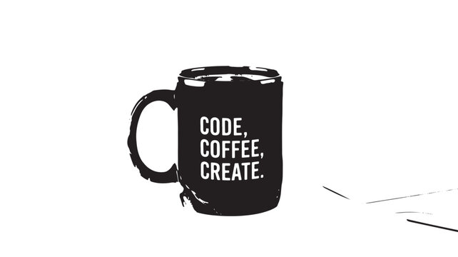 Minimalist black coffee mug with Code Coffee Create text, programmer lifestyle vector illustration, software developer ceramic cup icon