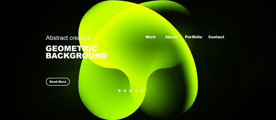 Obraz premium Bright green abstract shapes dominate dark background. Text elements include geometric design, navigation options, call to action.