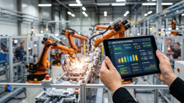 Innovative smart factory dashboard displaying real time production data in automated industrial setting