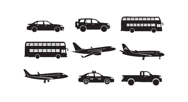 Set of transportation silhouettes featuring various vehicles including sedans suv double decker buses and airplanes.
