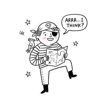 Young pirate explorer looking at map with his parrot.