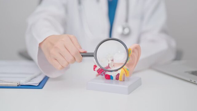 Doctor with human Ear anatomy model. Ear disease, Atresia, Otitis Media, Pertorated Eardrum, Meniere syndrome, otolaryngologist, Ageing Hearing Loss, Schwannoma and Healthcare medical concept