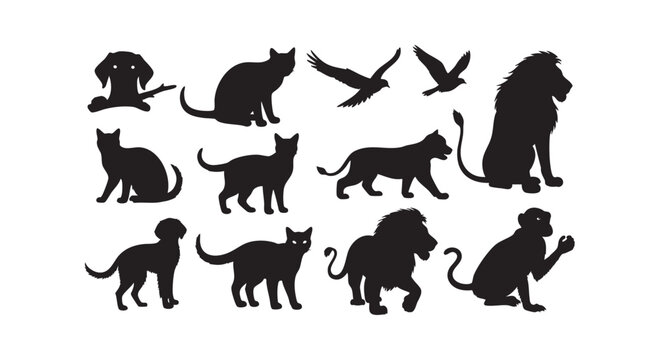 Set of wild animals and pets silhouette illustration showing cat lion monkey bird and dog in multiple playful poses.