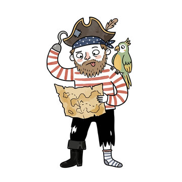 Silly pirate captain with hook hand holding map and sticking tongue out.