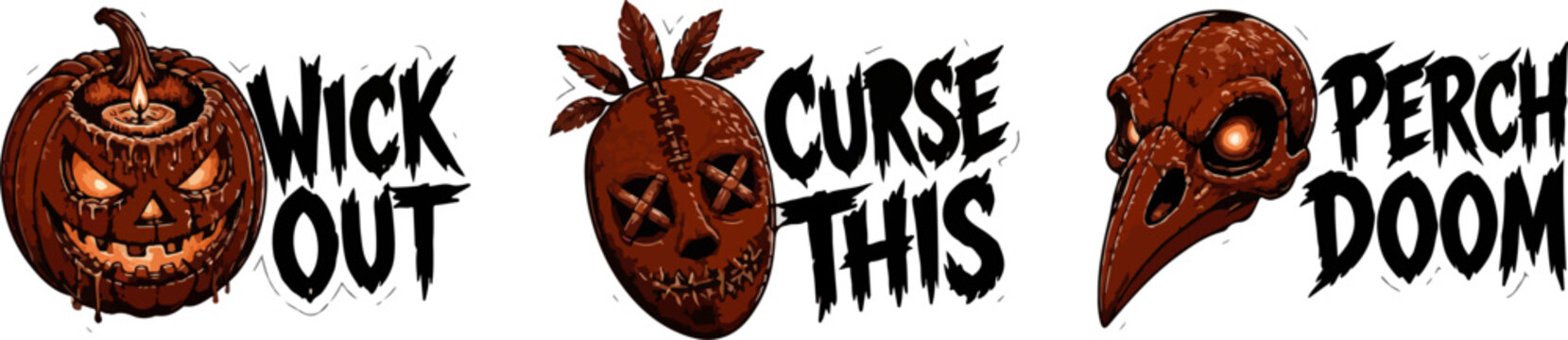 Halloween horror stickers set with jack o lantern, voodoo mask and plague doctor skull, spooky wick out curse this perch doom typography