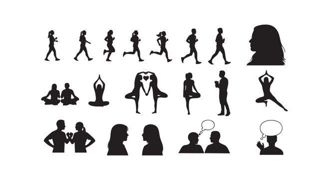 Silhouettes of people jogging and doing yoga, couples in meditation and dynamic poses, head profiles and conversation icons.
