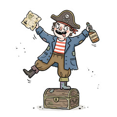 Joyful cartoon pirate boy celebrating on treasure chest with grog.