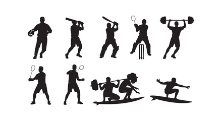 Obraz premium Sport silhouette collection featuring diverse athletic activities such as surfing weightlifting cricket badminton football.