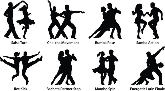 Latin Dance Couple Silhouette Collection with Salsa, Bachata, Rumba, Samba and Cha Cha Poses