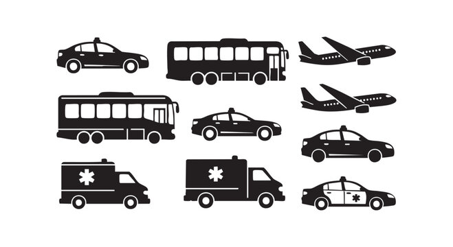 Transportation set isolated on white background with car bus and airplane ambulance and police car.