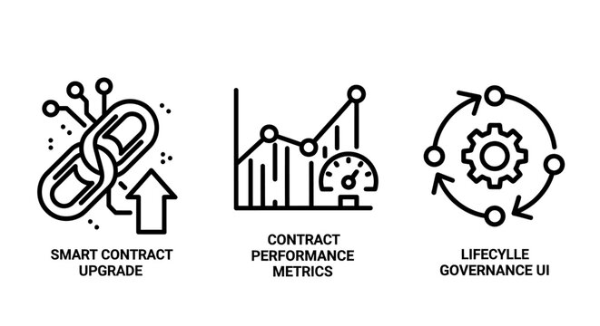 Smart contract upgrade performance metrics and governance lifecycle icons with contract governance blockchain performance lifecycle analytics business technology infrastructure management