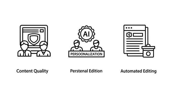 Software development quality assurance and AI personalization icons set with software assurance artificial intelligence personalization automation technology interface development business