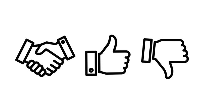 Business agreement and feedback symbols featuring handshake like and dislike icon set business handshake agreement feedback approval contract partnership communication customer negotiation