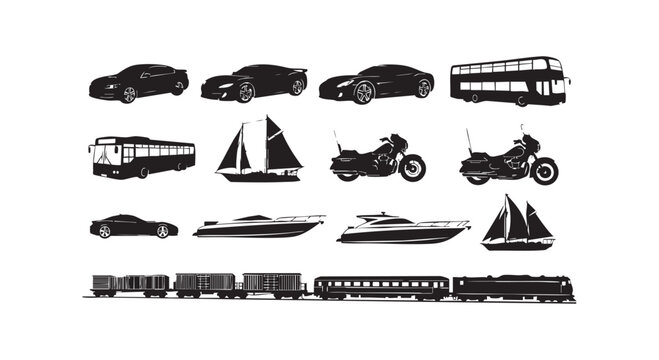 Transportation silhouette set featuring cars buses boats motorcycles and long freight train on plain white background art.