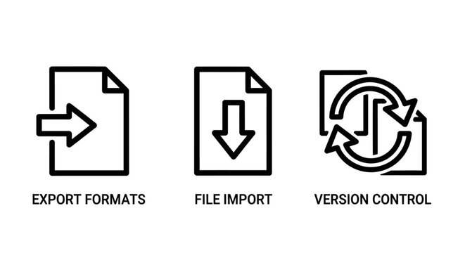 Professional set of line art icons for file export import version control management document transfer management software computing development download synchronization revision
