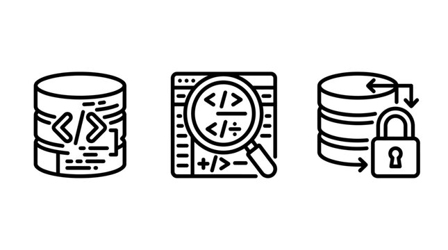 Database security and code auditing analysis icons set with back end database security encryption analysis programming technology information protection development software magnifying