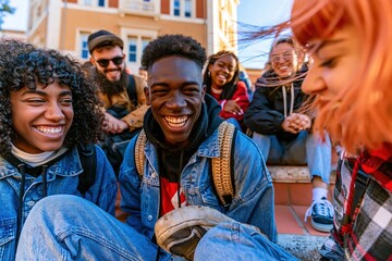Obraz premium Diverse group of college students laughing together on campus steps, sun-drenched candid moment for student life and inclusion imagery