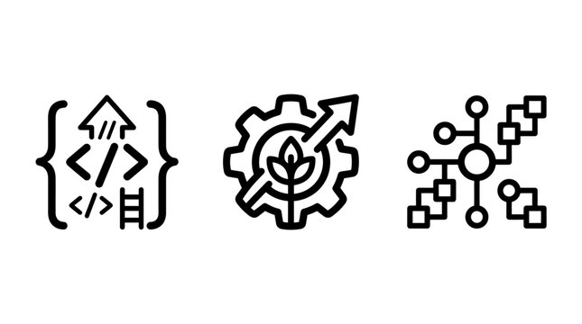 Code development progress sustainable growth and digital network architecture icons with development progress sustainable architecture programming flowchart technology engineering innovation