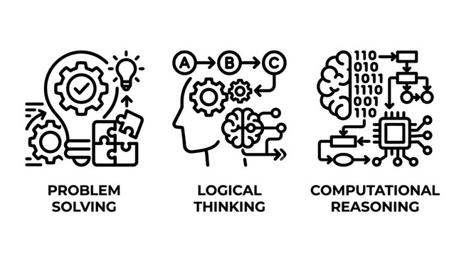 Cognitive computing problem solving and logical thinking icons with cognition thinking reasoning computing algorithm intelligence artificial cognitive analysis technical innovation strategy