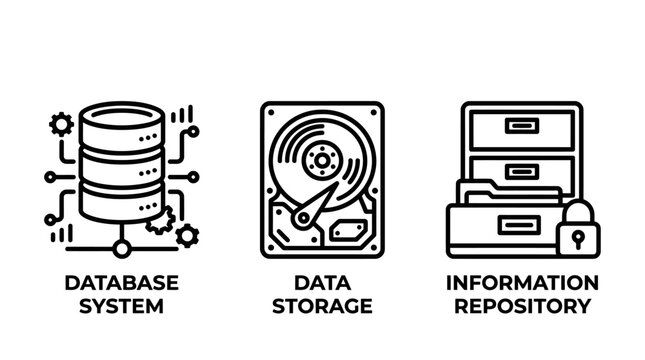 Database data storage and information repository icons with database repository information security management technology computing harddrive protection infrastructure networking indexing