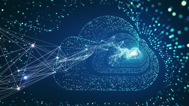 Digital cloud floats, glowing with data nodes. Connections pulse, illuminating networks within the cloud. Blue light shimmers, symbolizing digital innovation
