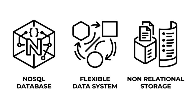 No sql database and flexible non-relational data storage system icons with database flexible relational structure document technology computing development architecture scalability software