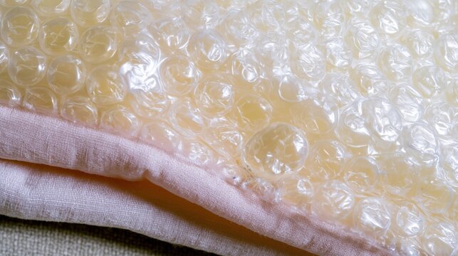 Glossy polythene bubble insulation underlay with soft buttery yellow and pale pink tones for building material and packaging backgrounds