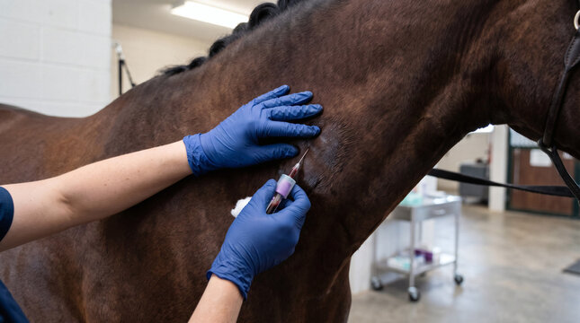 Equine veterinarian collecting blood sample from horse neck for diagnostic testing in modern clinic