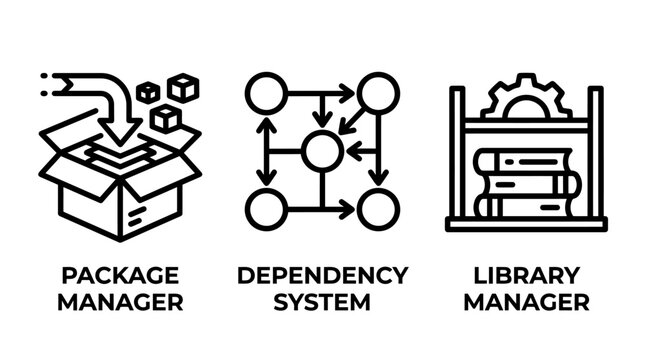 Software package management and dependency system icons with dependency software development installation structure deployment repository versioning computing automation infrastructure