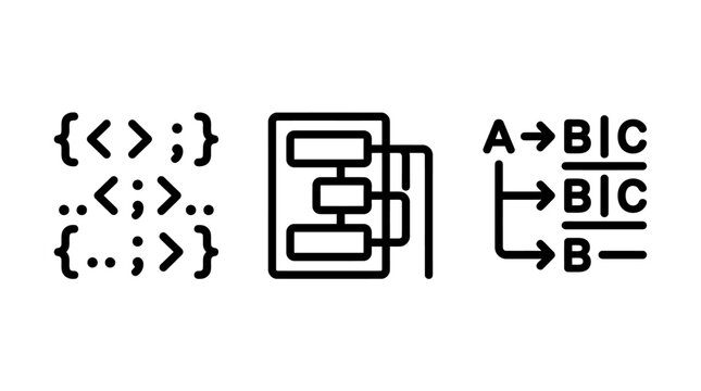 Software development and programming language syntax icons with programming software development language computer algorithm structure scripting engineering technical interface developer