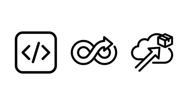 Software development and cloud computing process icons set including coding continuous integration cloud upload with back end development software computing integration programming technology