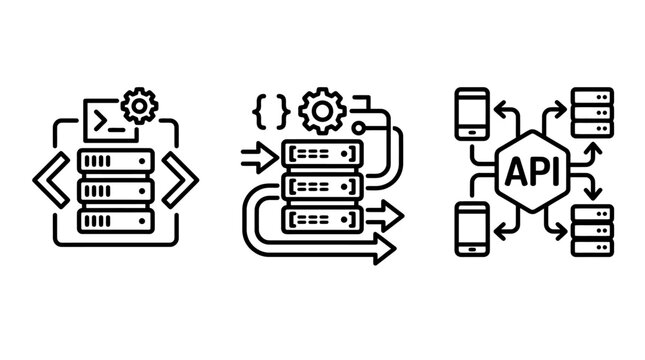 Server and api management infrastructure icons set depicting database clusters server optimization mobile application connectivity back end database infrastructure management computing