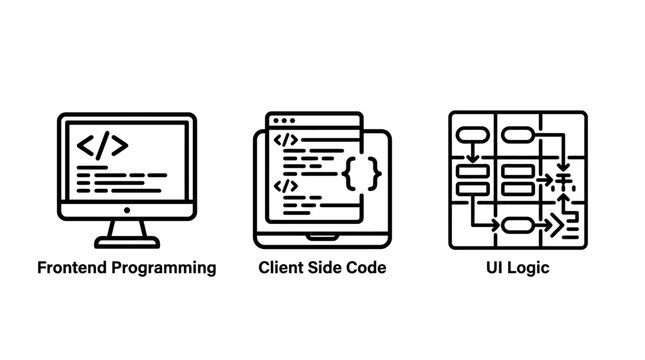 Set of UI frontend development and coding logic line icons with frontend programming development interface software computer javascript application structure flowchart technical engineering