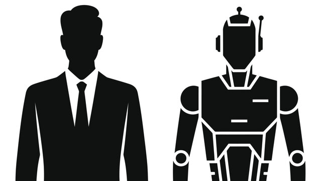 Human Employee vs Robot Employee Silhouette Vector Illustration: Minimalist Concept of AI Automation, Future Work Competition, Corporate Artificial Intelligence