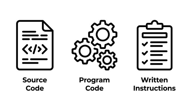 Software development and programming icons featuring source code gears and checklist for written instructions programming software development checklist instructions developer engineering