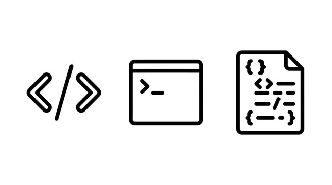 Programming and software development coding icons with programming software development terminal computer technology interface developer engineering application frontend language structure