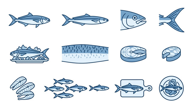 Salmon and trout fillet preparation blue icons.
