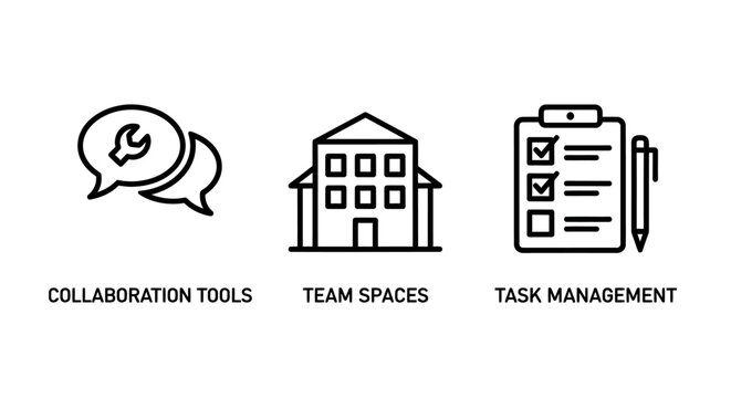 Collaboration tools and task management icons including chat bubbles with wrench office building and checklist collaboration management checklist communication workspace business planning